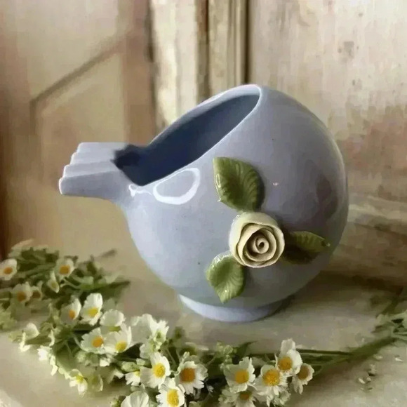 Vintage Porcelain Blue Sphere Orb Ashtray With White Rosettes - Picture 2 of 8